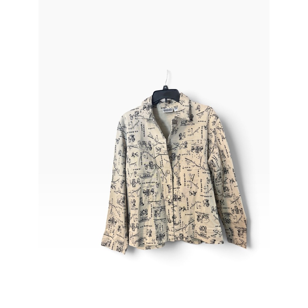 Chicos Design Womens Beige Asian Calligraphy Print Button Up Jacket Size 2 L